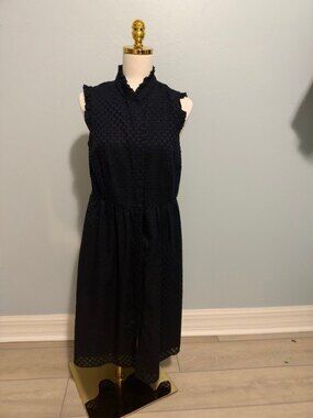 Karl Lagerfeld Paris Navy Blue Textured Sleeveless Ruffle Neck Midi Dress